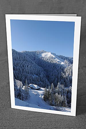 A5-Fotokarte/Klappkarte mit hochwertigem Papierabzug, Einlageblatt und Umschlag. Fototitel: Weihnachtskarte Winterwald (Klappkarte, Kunstkarte)