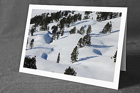 A5-Fotokarte/Klappkarte mit hochwertigem Papierabzug, Einlageblatt und Umschlag. Fototitel: Durch Wächten geformte Schneelandschaft in lichtem Bergwald (Klappkarte, Kunstkarte)