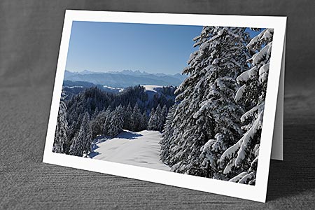 A5-Fotokarte/Klappkarte mit hochwertigem Papierabzug, Einlageblatt und Umschlag. Fototitel: Verschneiter Tannenwald (Klappkarte, Kunstkarte)