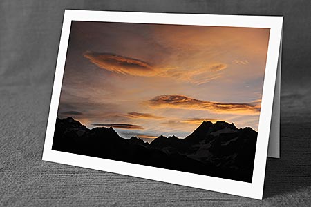 A5-Fotokarte/Klappkarte mit hochwertigem Papierabzug, Einlageblatt und Umschlag. Fototitel: Morgenstimmung im Gebirge (Klappkarte, Kunstkarte)