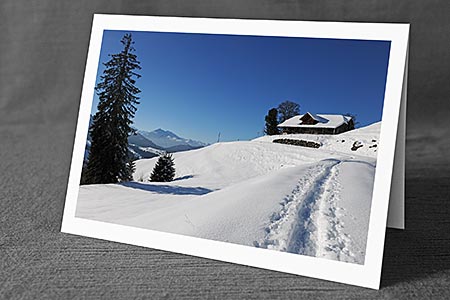 A5-Fotokarte/Klappkarte mit hochwertigem Papierabzug, Einlageblatt und Umschlag. Fototitel: Neujahrskarte Spur im Schnee (Klappkarte, Kunstkarte)