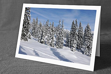 A5-Fotokarte/Klappkarte mit hochwertigem Papierabzug, Einlageblatt und Umschlag. Fototitel: Waldlichtung in tief verschneitem Tannenwald (Klappkarte, Kunstkarte)