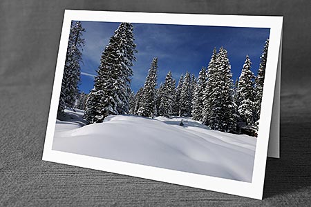 A5-Fotokarte/Klappkarte mit hochwertigem Papierabzug, Einlageblatt und Umschlag. Fototitel: Lichtung im verschneiten Tannenwald (Klappkarte, Kunstkarte)