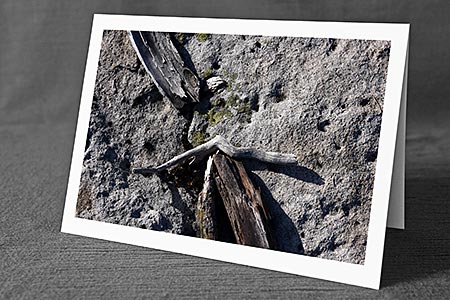 A5-Fotokarte/Klappkarte mit hochwertigem Papierabzug, Einlageblatt und Umschlag. Fototitel: Holzstücke auf Felsplatte (Klappkarte, Kunstkarte)