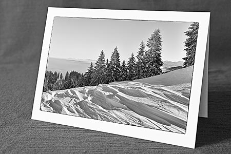 A5-Fotokarte/Klappkarte mit hochwertigem Papierabzug, Einlageblatt und Umschlag. Fototitel: Schneeverwehungen, leicht verschneite Tannen und Nebelmeer (Schwarz/Weiss) (Klappkarte, Kunstkarte)