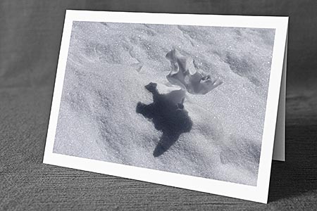 A5-Fotokarte/Klappkarte mit hochwertigem Papierabzug, Einlageblatt und Umschlag. Fototitel: Lustig geformtes Schneestück mit ebenso lustigem Schattenwurf (Klappkarte, Kunstkarte)