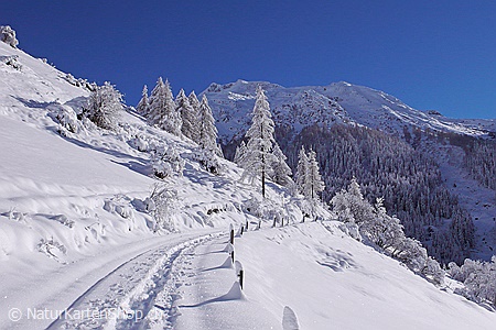 A5-Fotokarte/Klappkarte mit hochwertigem Papierabzug, Einlageblatt und Umschlag. Fototitel: Weg in frisch verschneiter Berglandschaft (Klappkarte, Kunstkarte)