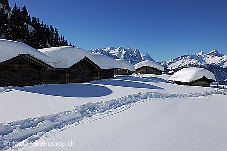 A5-Fotokarte/Klappkarte mit hochwertigem Papierabzug, Einlageblatt und Umschlag. Fototitel: Tief verschneite Alphütten (Klappkarte, Kunstkarte)