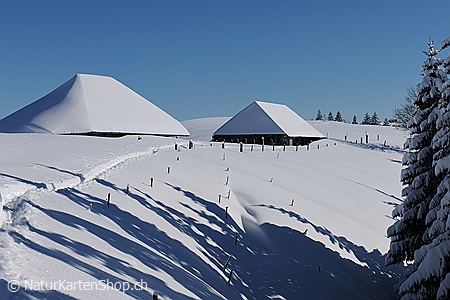 A5-Fotokarte/Klappkarte mit hochwertigem Papierabzug, Einlageblatt und Umschlag. Fototitel: Alphütten in sonniger Winterlandschaft (Klappkarte, Kunstkarte)