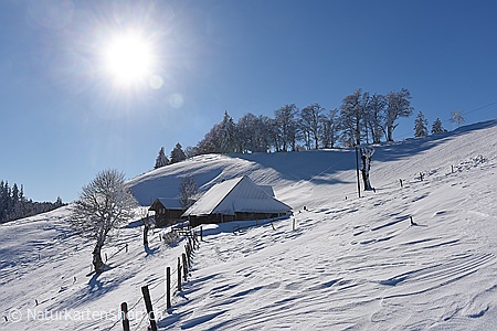 A5-Fotokarte/Klappkarte mit hochwertigem Papierabzug, Einlageblatt und Umschlag. Fototitel: Winterlandschaft mit Alphütte im Gegenlicht (Klappkarte, Kunstkarte)